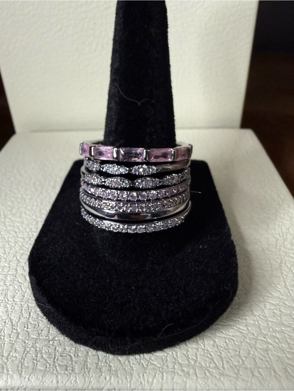 Bomb Party Gunmetal & Pink stack of 6 Ring Size 10